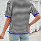 Lovelet Striped Contrast Round Neck Half Sleeve Knit Top