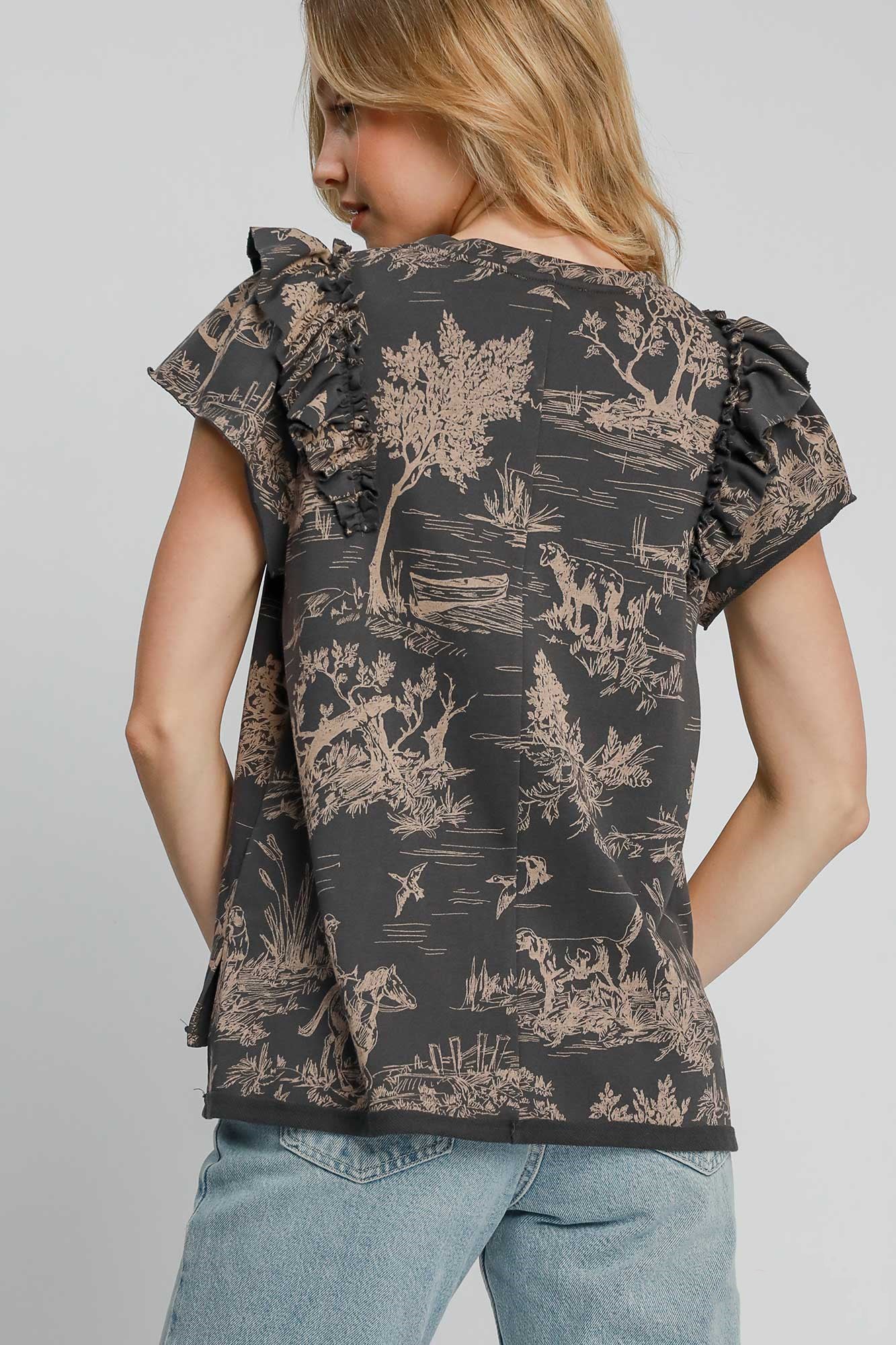 Umgee Ruffled Landscape Print Short Sleeve French Terry Top *