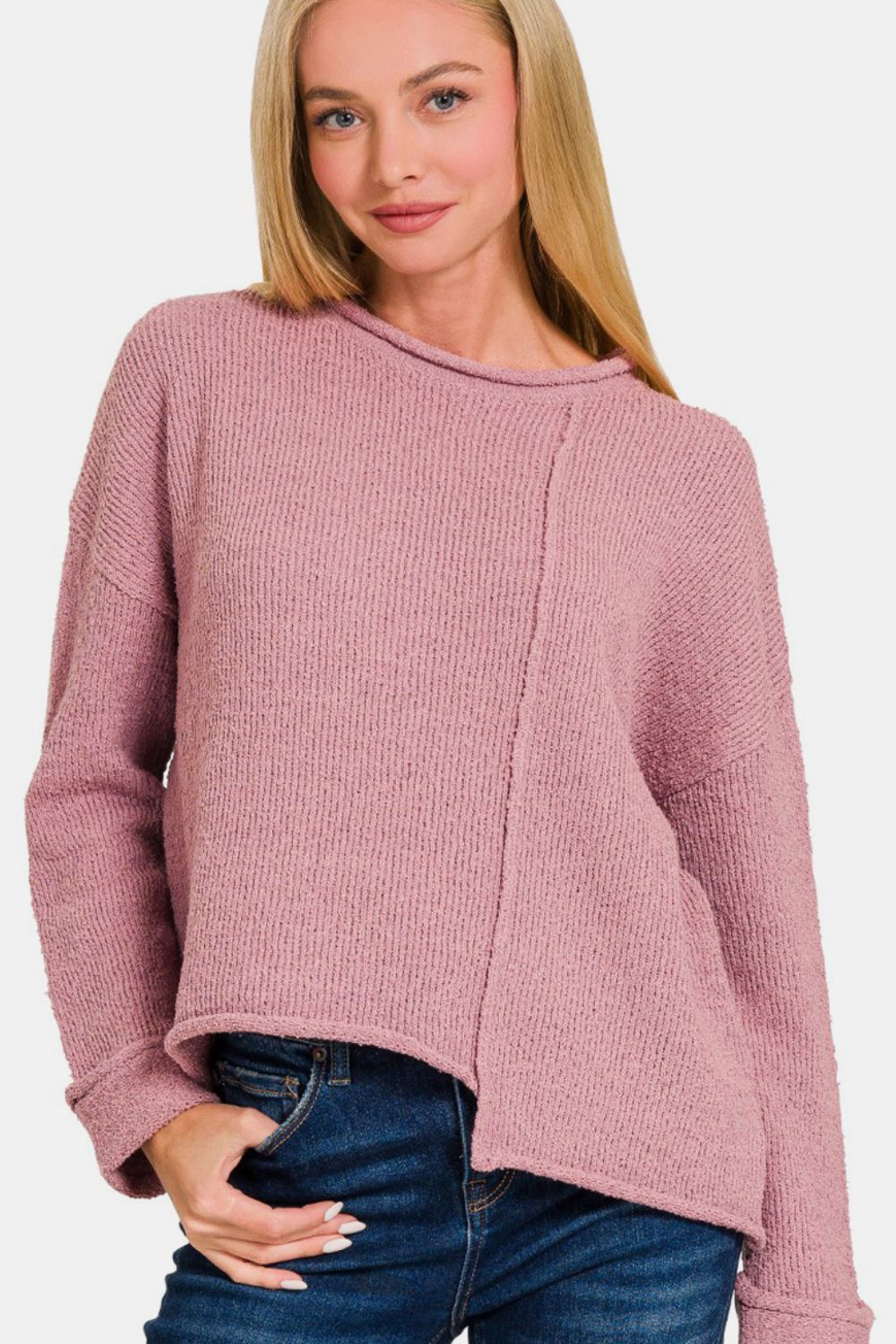 Zenana Asymmetric Hem Drop Shoulder Sweater *