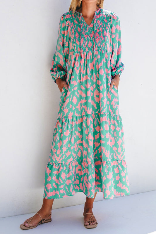 Smocked Printed Tie Neck Long Sleeve Dress