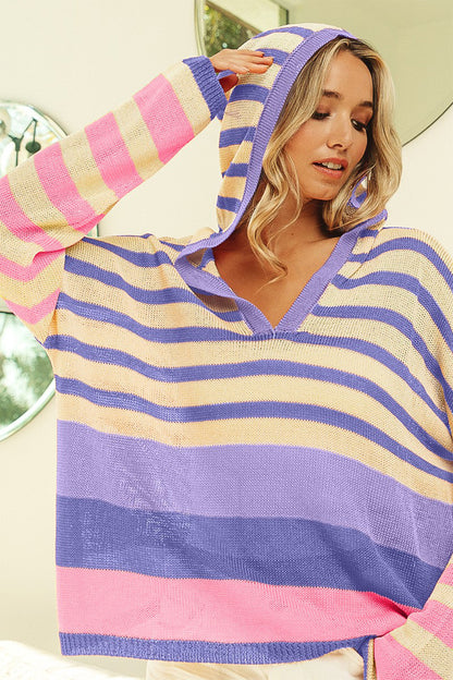 BiBi Striped Color Block  Hooded Knit Top - Brand BiBi