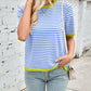 Lovelet Striped Contrast Round Neck Half Sleeve Knit Top