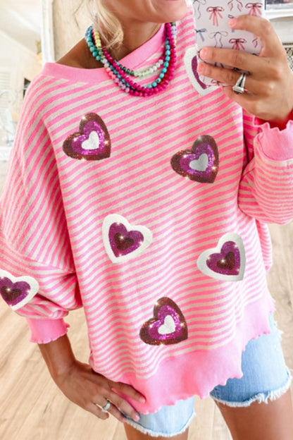 Valentine’s Day Pink Sequin Heart Striped Round Neck Long Sleeve Sweatshirt
