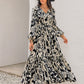 Smocked Printed Tie Neck Long Sleeve Dress