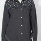 Raw Hem Pearl Trim Collared Neck Denim Top