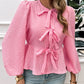 Tied Round Neck Long Sleeve Blouse