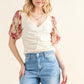 And The Why Full Size Floral Print Textured Sleeve Knit Top
