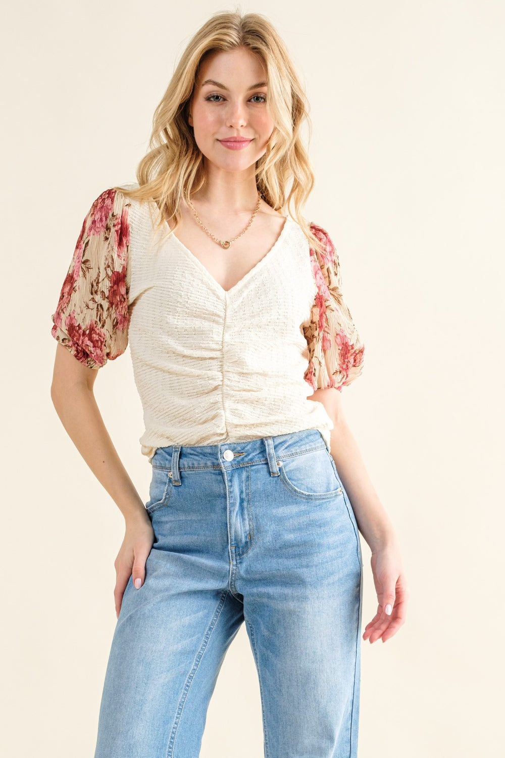 And The Why Full Size Floral Print Textured Sleeve Knit Top *