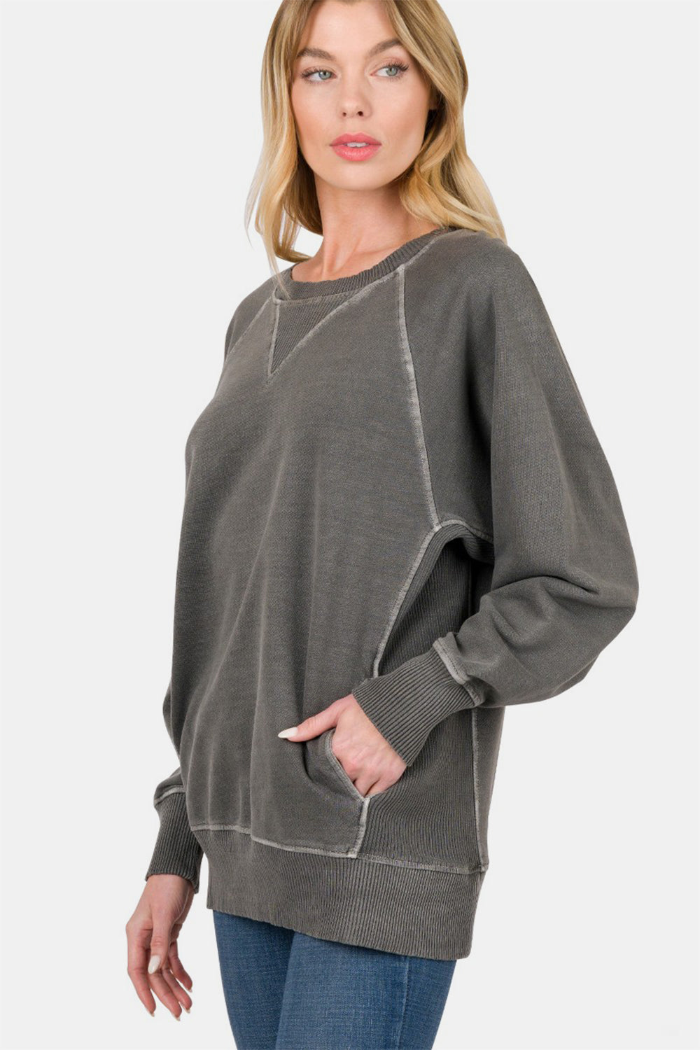 Zenana Round Neck Long Sleeve Sweatshirt *