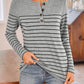 Quarter Button Striped Round Neck Long Sleeve T-Shirt