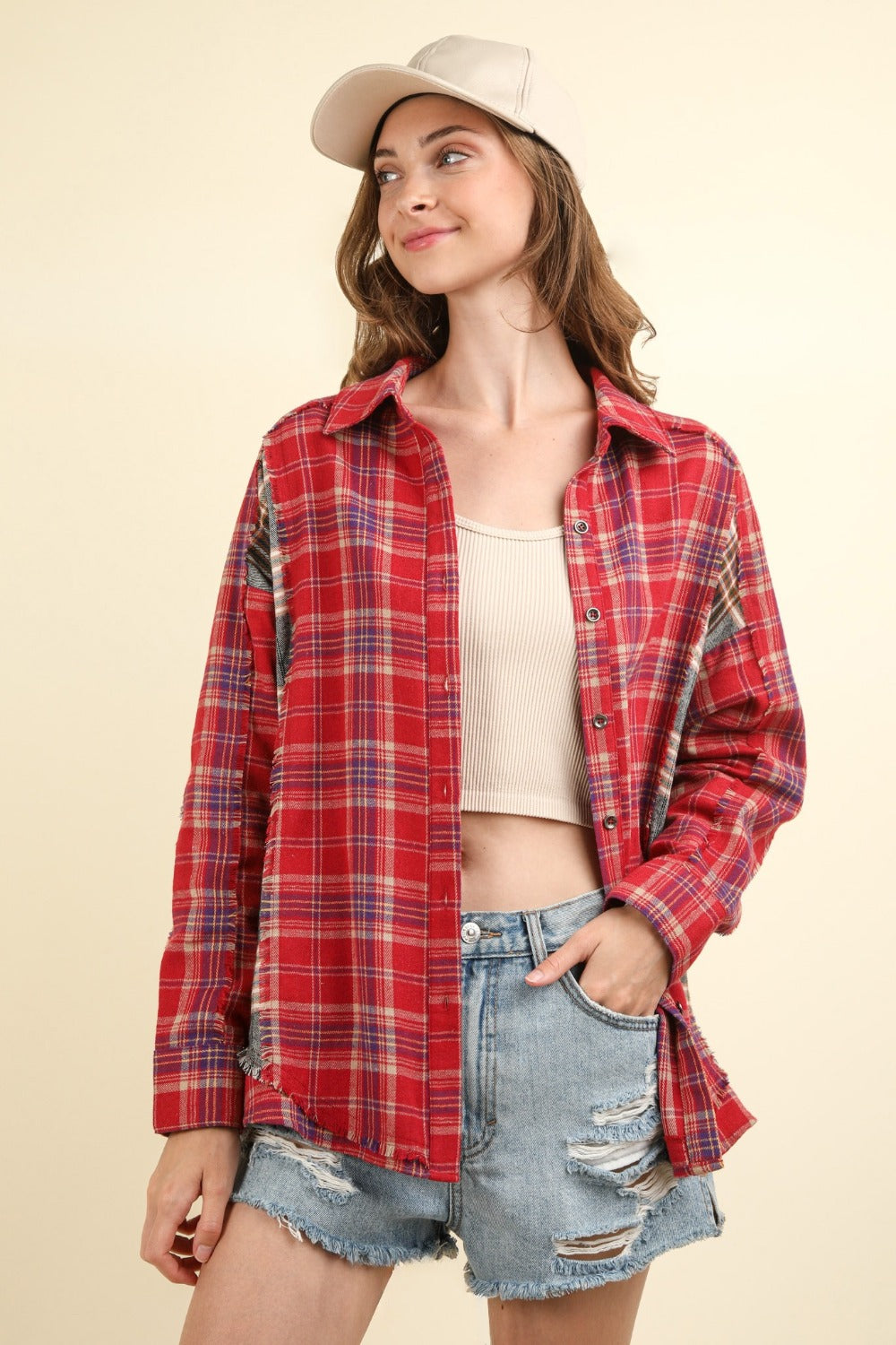 VERY J Contrast Plaid Raw Detail Shirt *