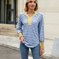 Contrast Striped Notched Long Sleeve Top
