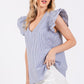 Ces Femme Striped V-Neck Ruffled Cap Sleeve Blouse