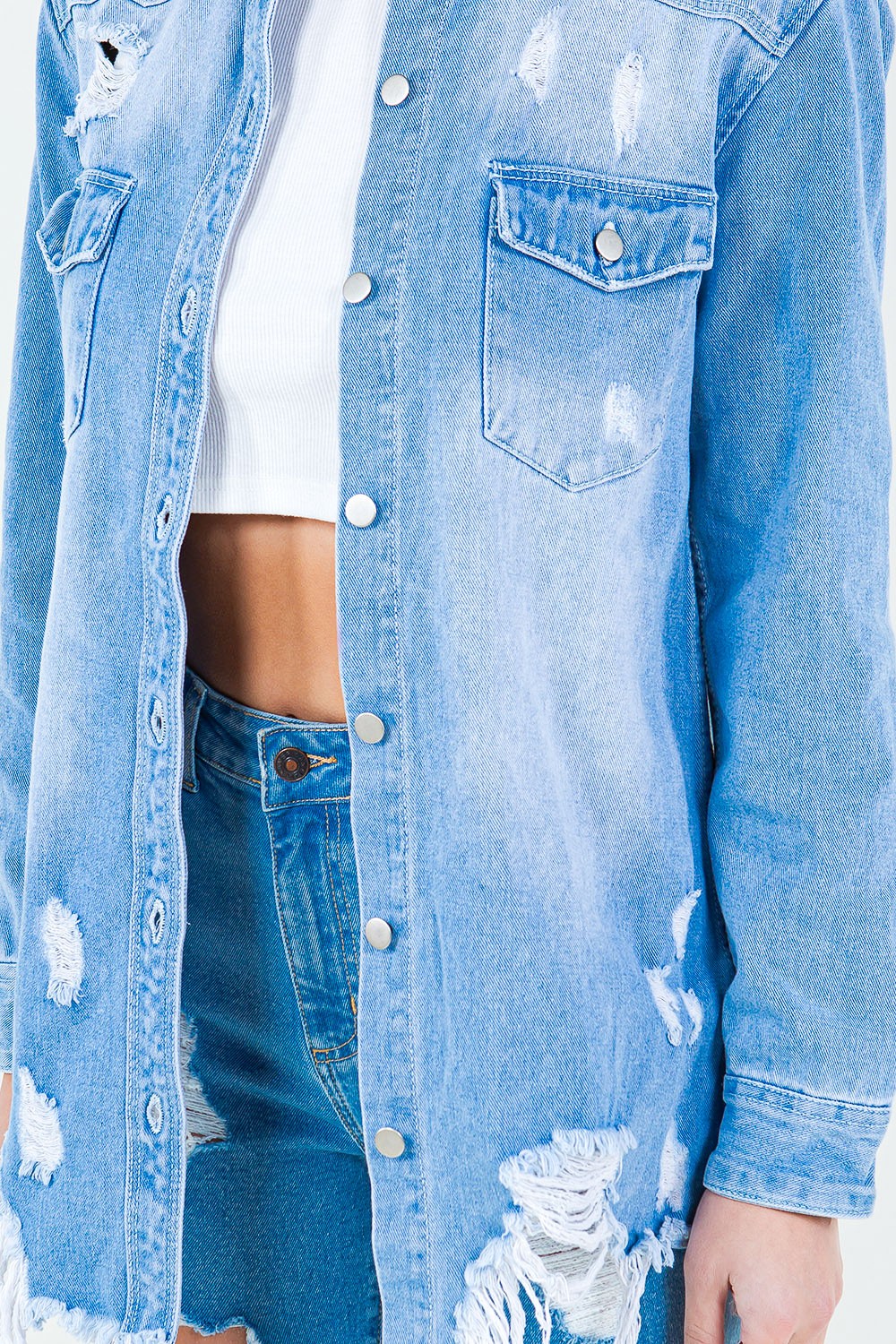 American Bazi Frayed Hem Distressed Denim Shirt Jacket *