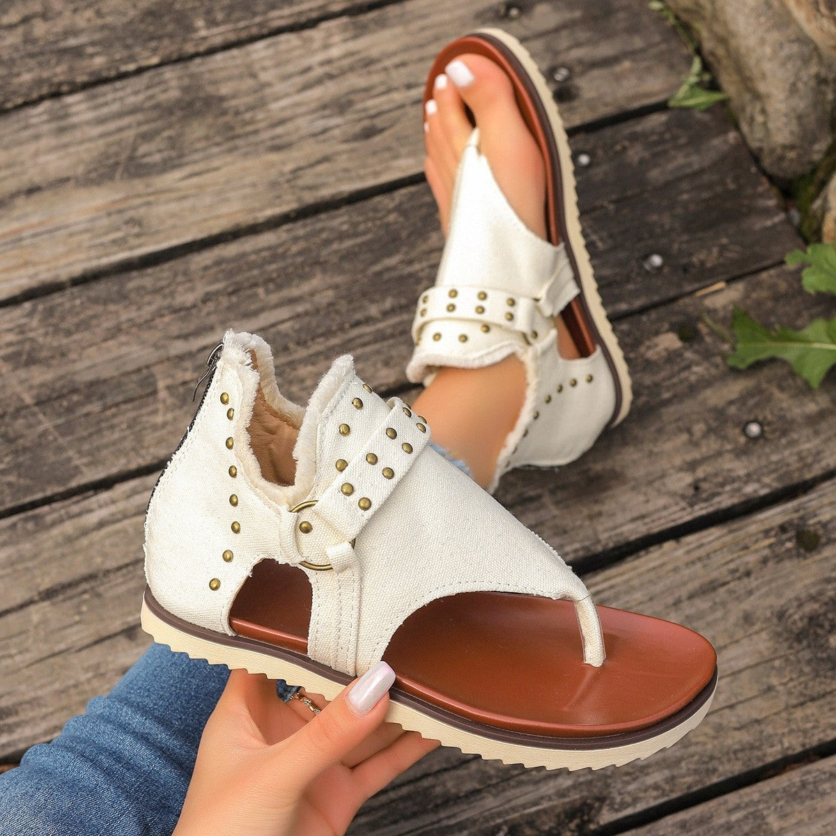 Studded Raw Hem Flat Sandals