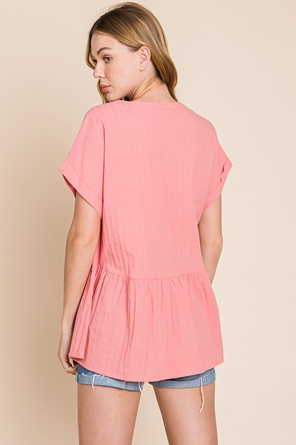 Cotton Bleu by Nu Label Notched Short Sleeve Peplum Top *