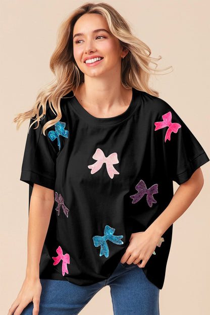 BiBi Sequin Bow Patch Short Sleeve T-Shirt - Brand BiBi