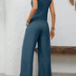 V-Neck Button Down Vest and Wide Leg Pants Set