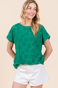BOMBOM Textured Floral Pattern Short Sleeve T-Shirt *