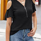 Full Size Half Zip Cold Shoulder Top