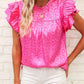 Leopard Frill Mock Neck Ruffled Cap Sleeve Top