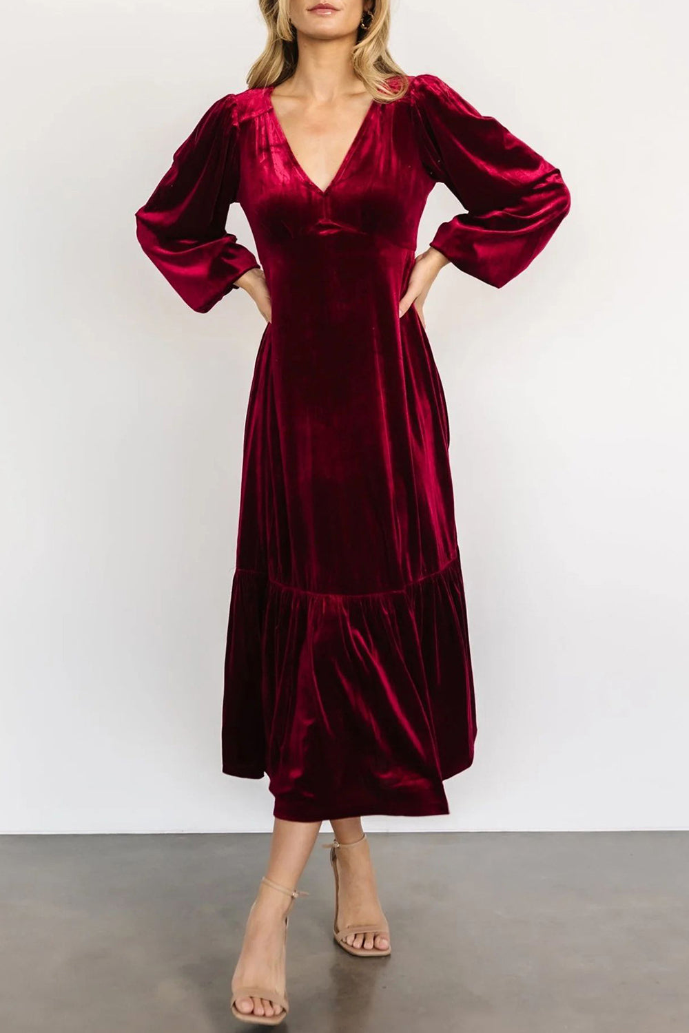 V-Neck Long Sleeve Midi Velvet Dress