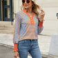 Contrast Striped Notched Long Sleeve Top