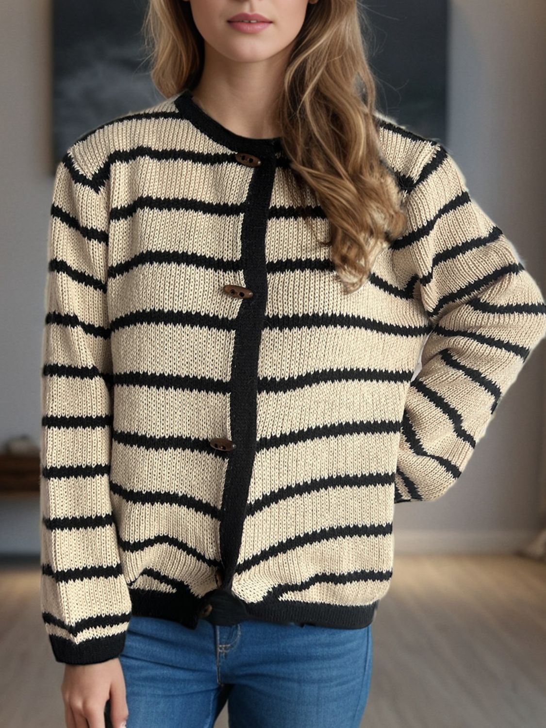 Striped Round Neck Long Sleeve Cardigan