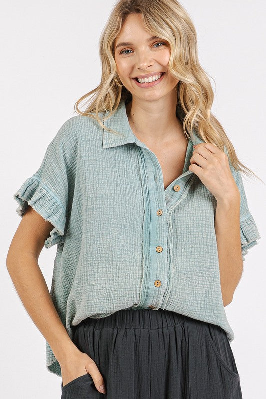 Mittoshop Mineral Washed Button Down Flounce Sleeve Shirt *