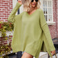 Slit V-Neck Dropped Shoulder Sweater