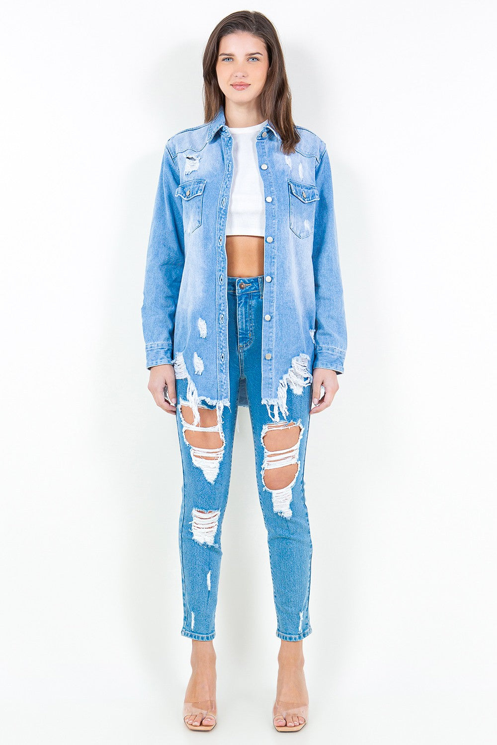 American Bazi Frayed Hem Distressed Denim Shirt Jacket *