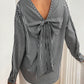 Cutout Bow Back Striped Collared Neck Long Sleeve Shirt
