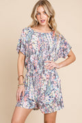 BOMBOM Printed Short Sleeve Drawstring Romper *