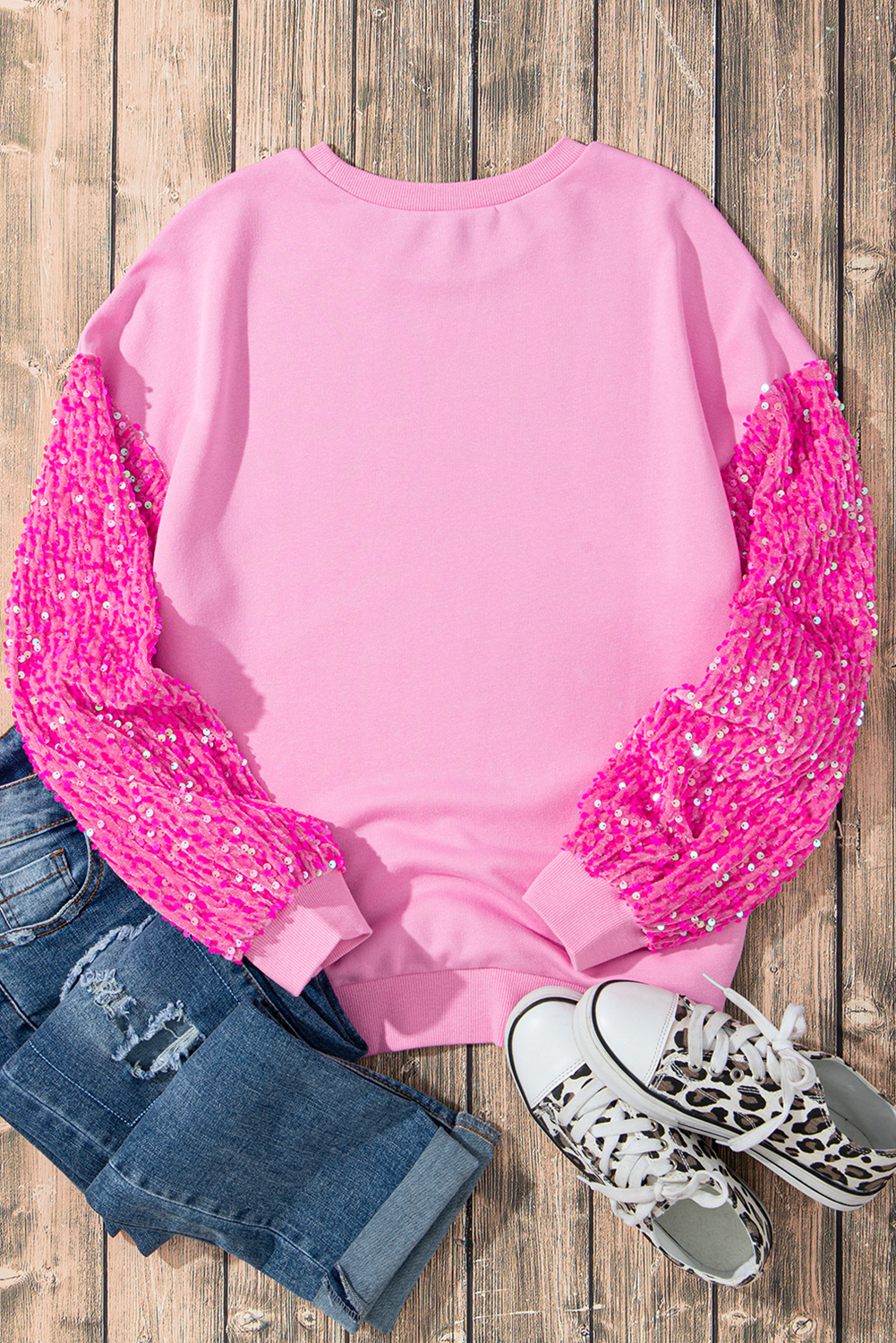 Valentine’s Day Pink Sequin Heart Long Sleeve Sweatshirt