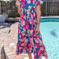 Printed Square Neck Short Sleeve Midi Dress