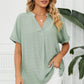 Full Size Side Slit Notched Neck Cuffed Short Sleeve Blouse
