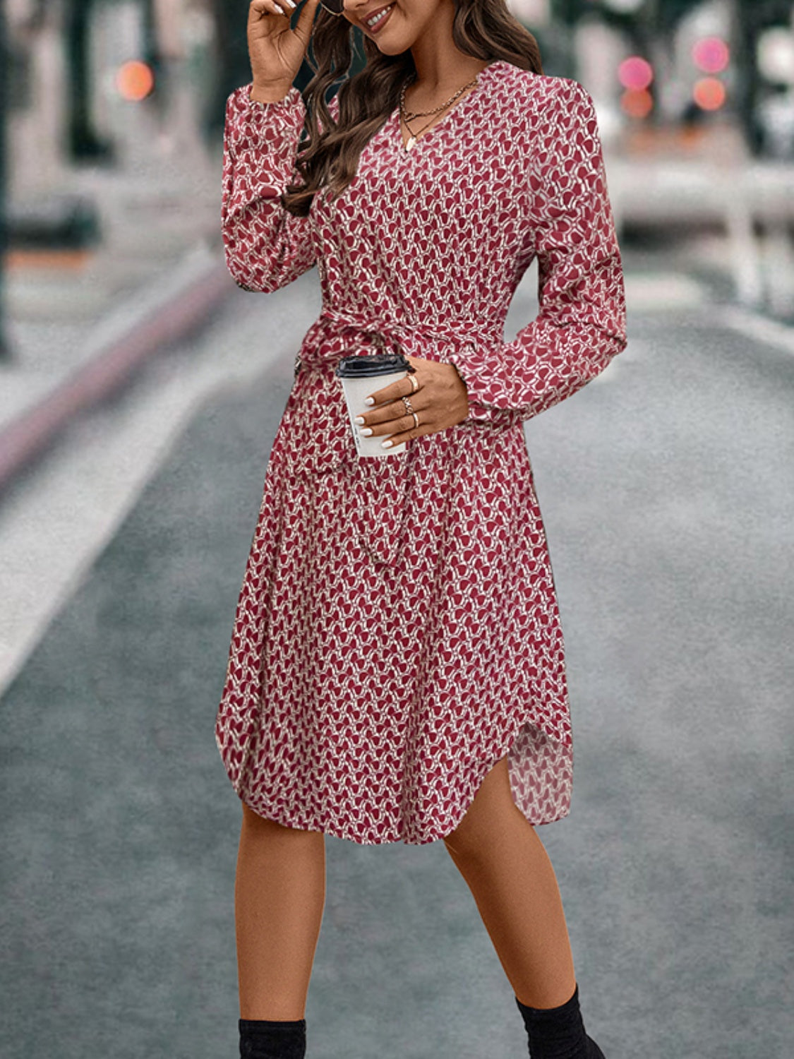 Tied Printed Notched Balloon Sleeve Dress