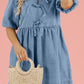 Bowknot Round Neck Half Sleeve Denim Dress