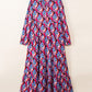Printed Collared Neck Long Sleeve Midi Dress