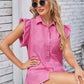 Ruffled Pocketed Collared Neck Cap Sleeve Denim Top