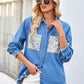 Raw Hem Button Up Long Sleeve Denim Jacket with Sequin Pockets