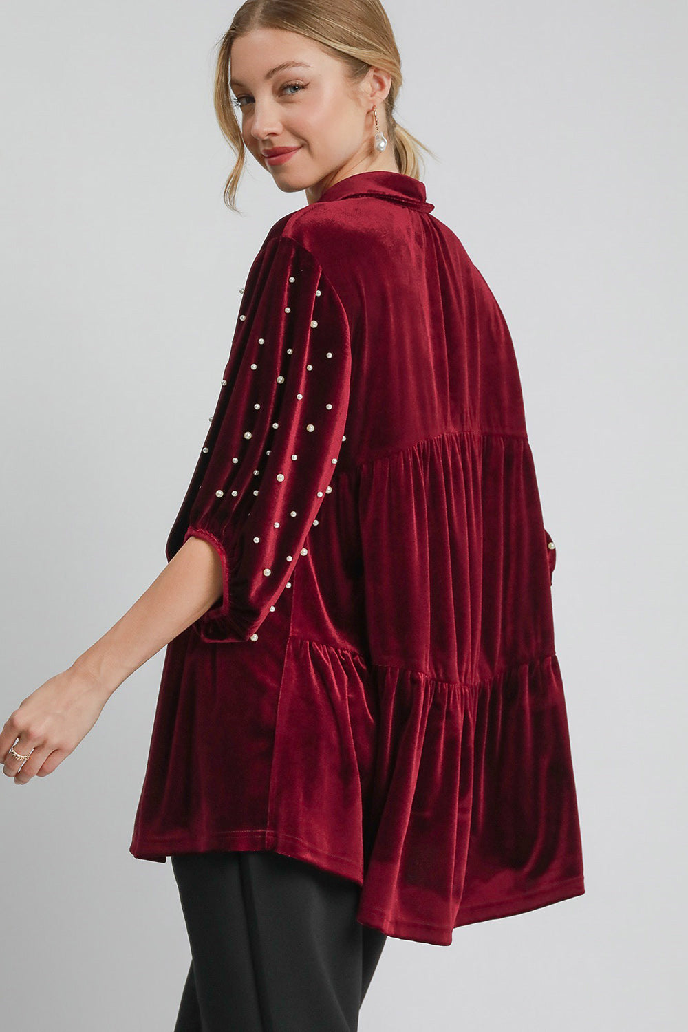 Umgee Pearl Detail Collared Neck Velvet Babydoll Blouse *
