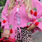 Tied Cherry Round Neck Long Sleeve Cardigan