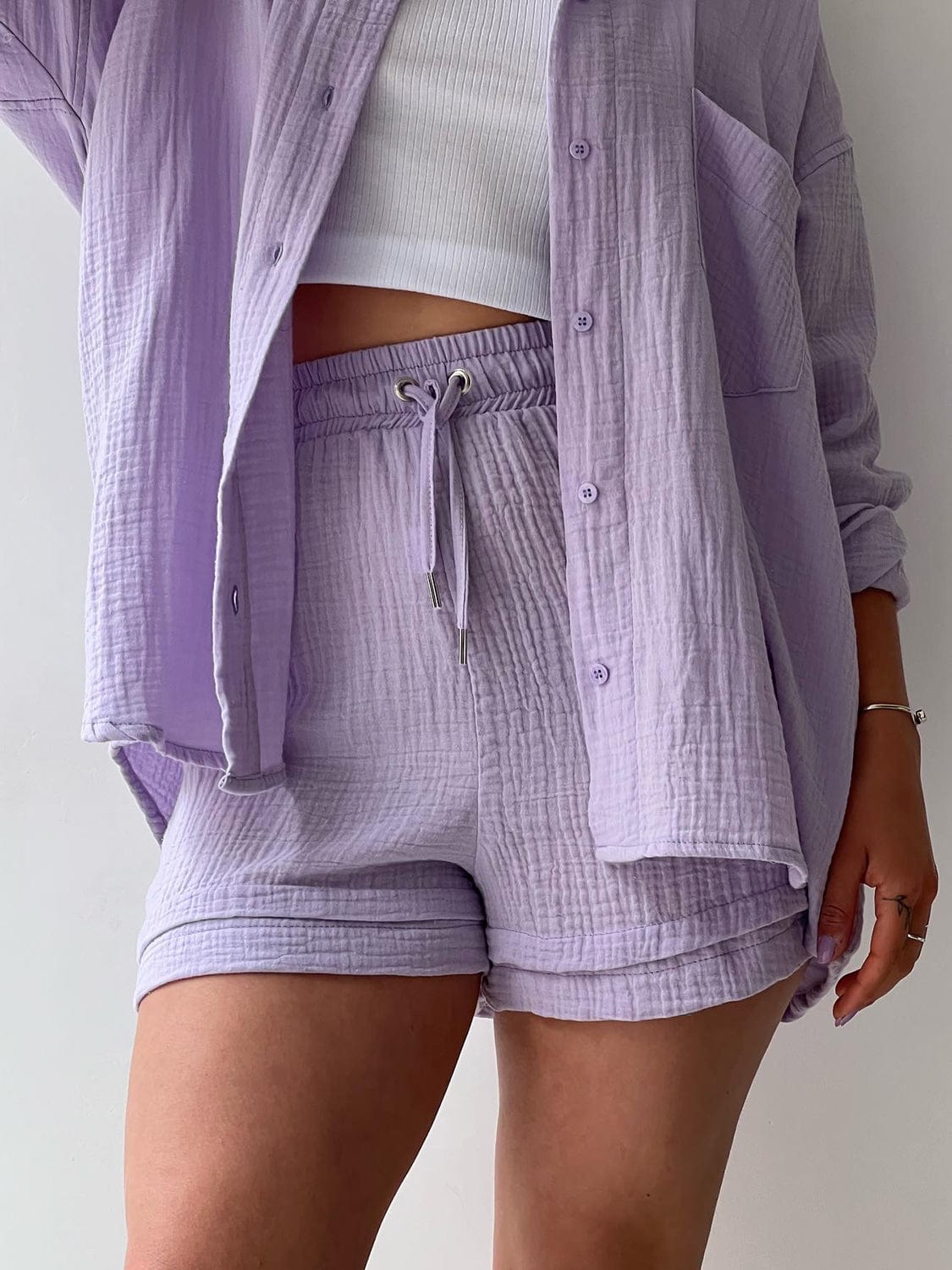 Full Size Texture Button Up Shirt and Drawstring Shorts Set