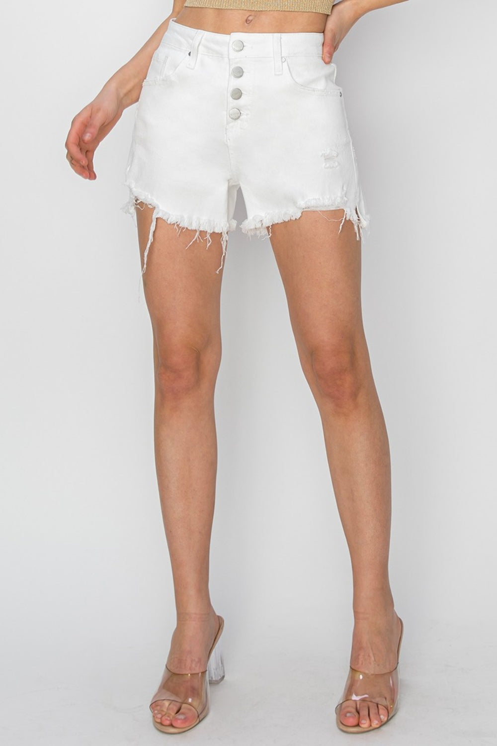 RISEN Button Fly Frayed Hem Denim Shorts *