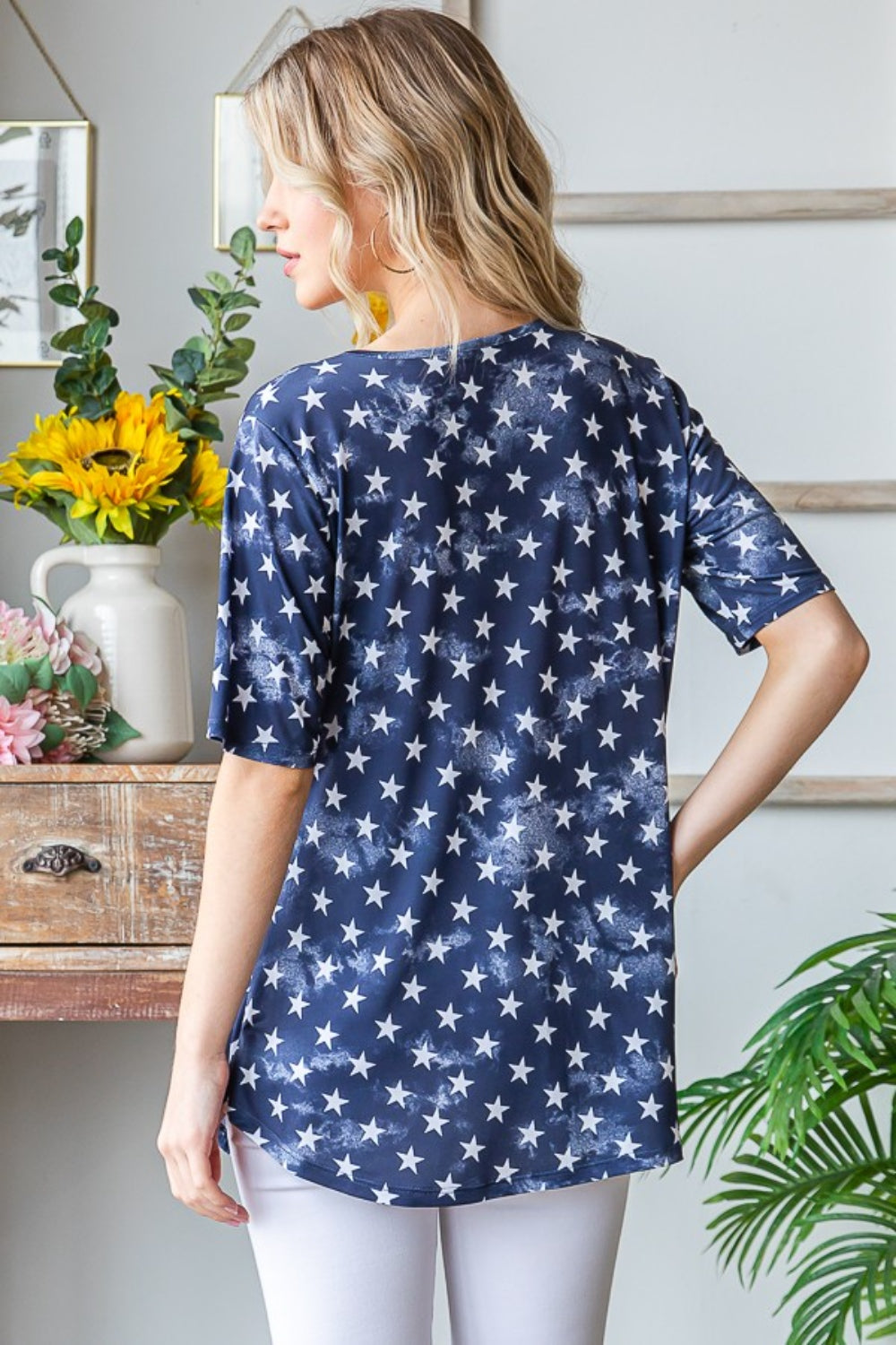 Heimish Full Size Short Sleeve Crisscross Star Babydoll Top *