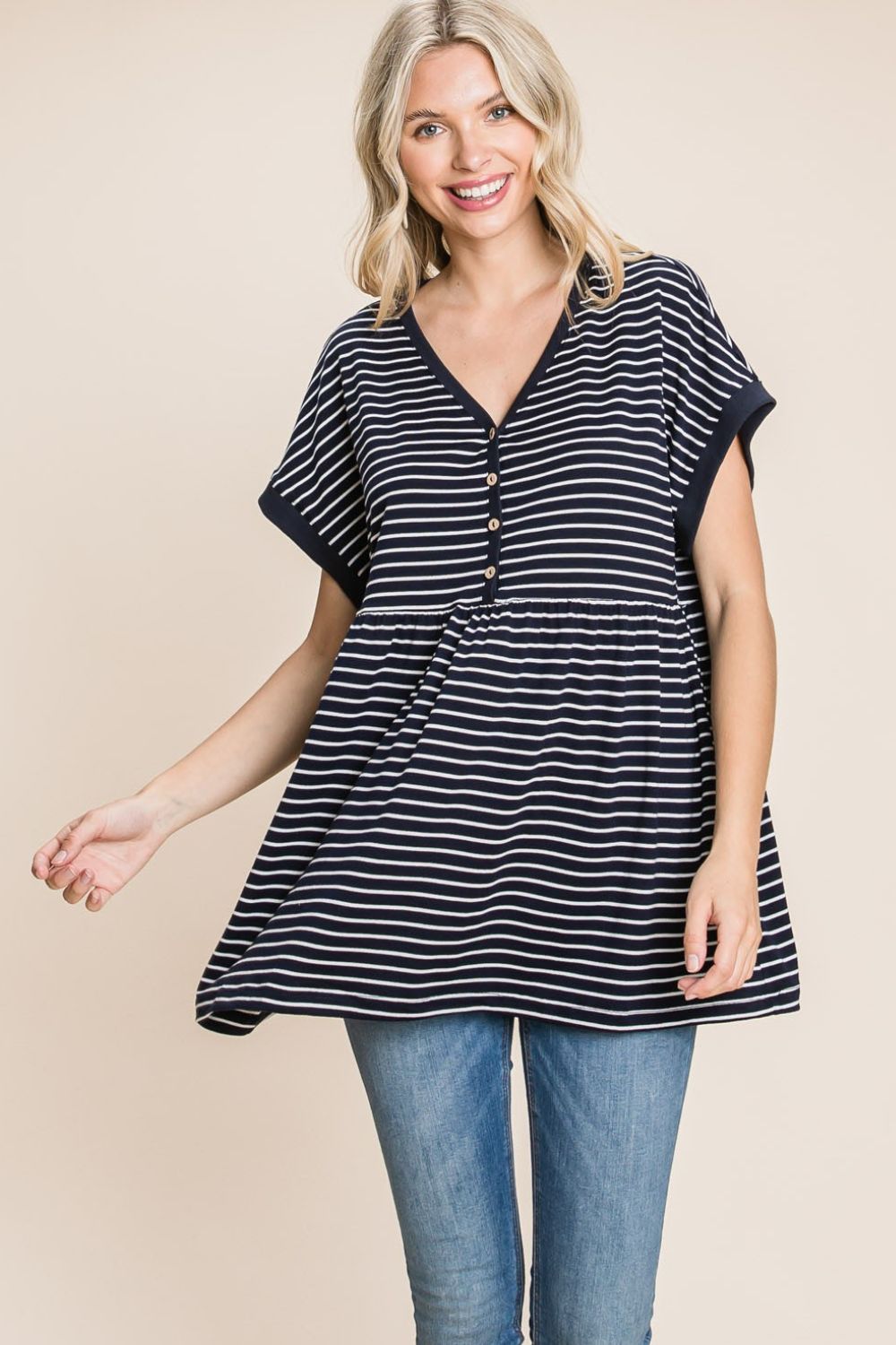 Cotton Bleu by Nu Label Striped Button Front Baby Doll Top *