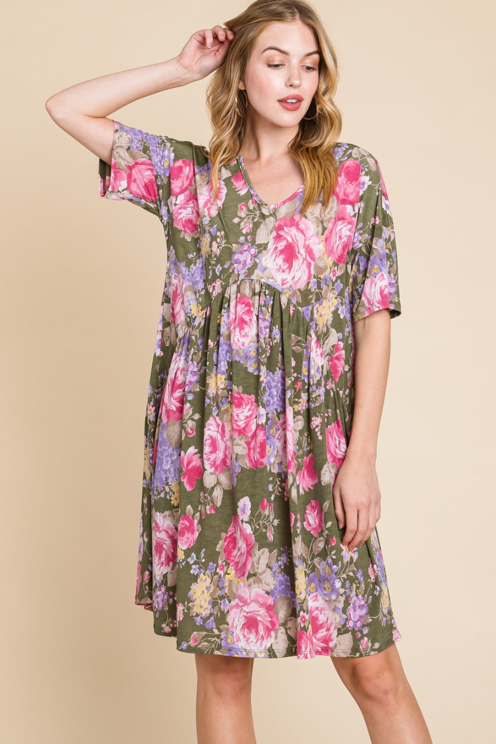 BOMBOM Flower Print V-Neck Ruched Dress *
