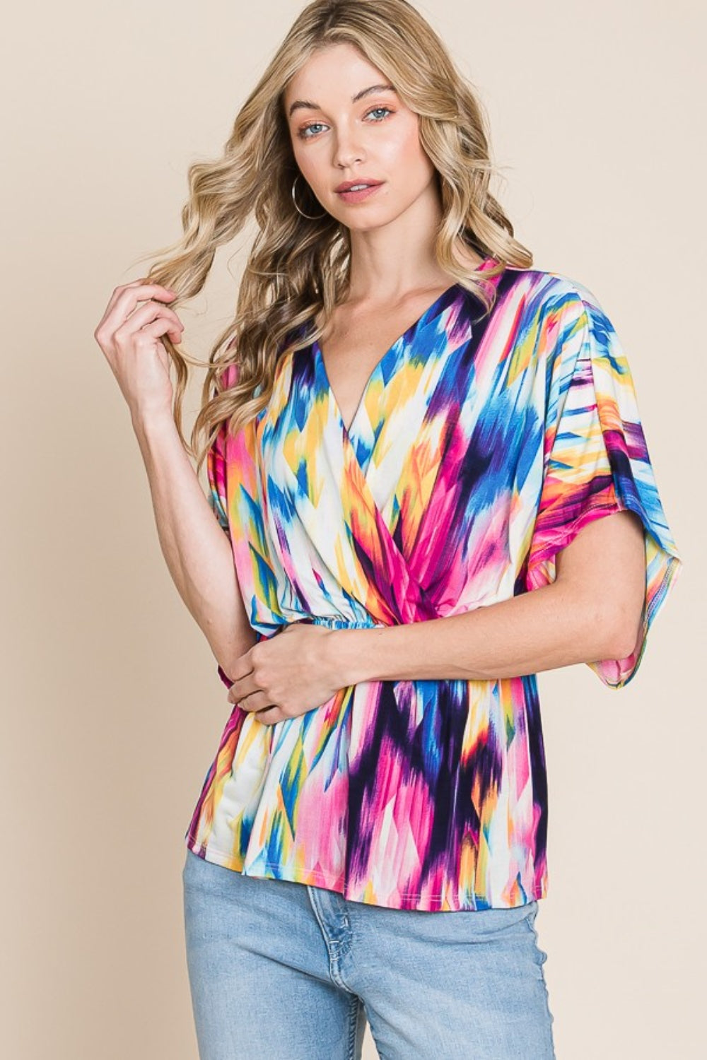 BOMBOM Printed Surplice Peplum Blouse *