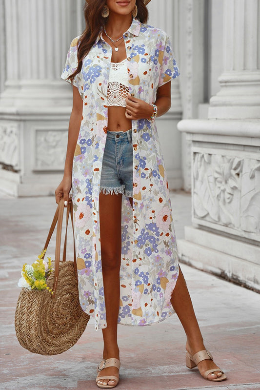 Printed Open Front Short Sleeve Cover-Up